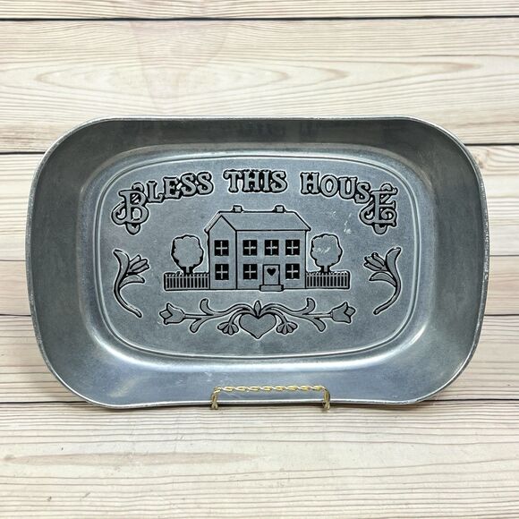 Vintage WILTON ARMETALE Metal Serving Dish Bread Tray 'Bless This House' 11"x7" - Picture 10 of 12